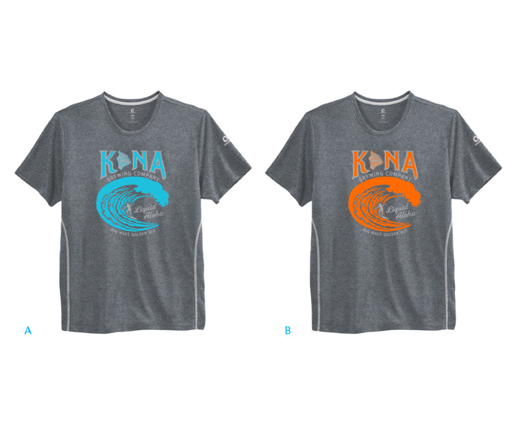 129943 Kona Brewing Tech Tee MOCKs_A_B - Dark grey color simulates appearance of Reflective ink.